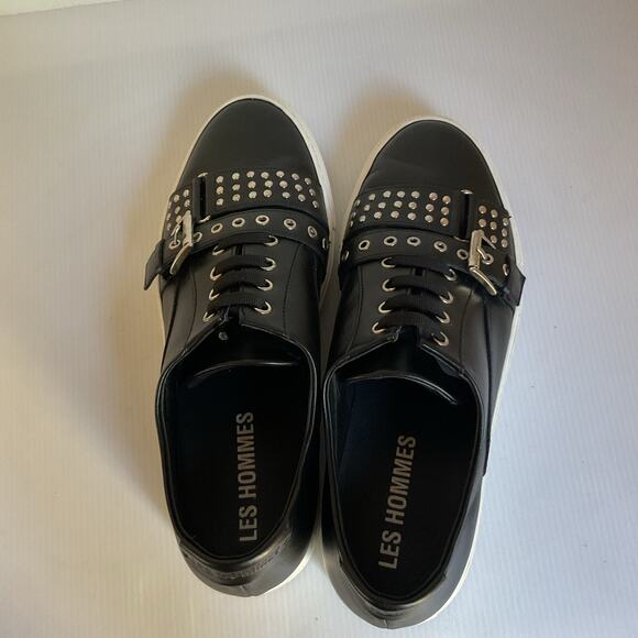 Les Hommes Black Leather Studded Buckle Sneakers Men’s Size 42/ 9 US  Italian - Picture 8 of 12